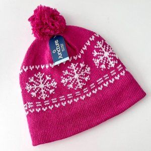 Juncture Fleece Lined Beanie Hat with Pom Berry Pink & White Snowflake Pattern